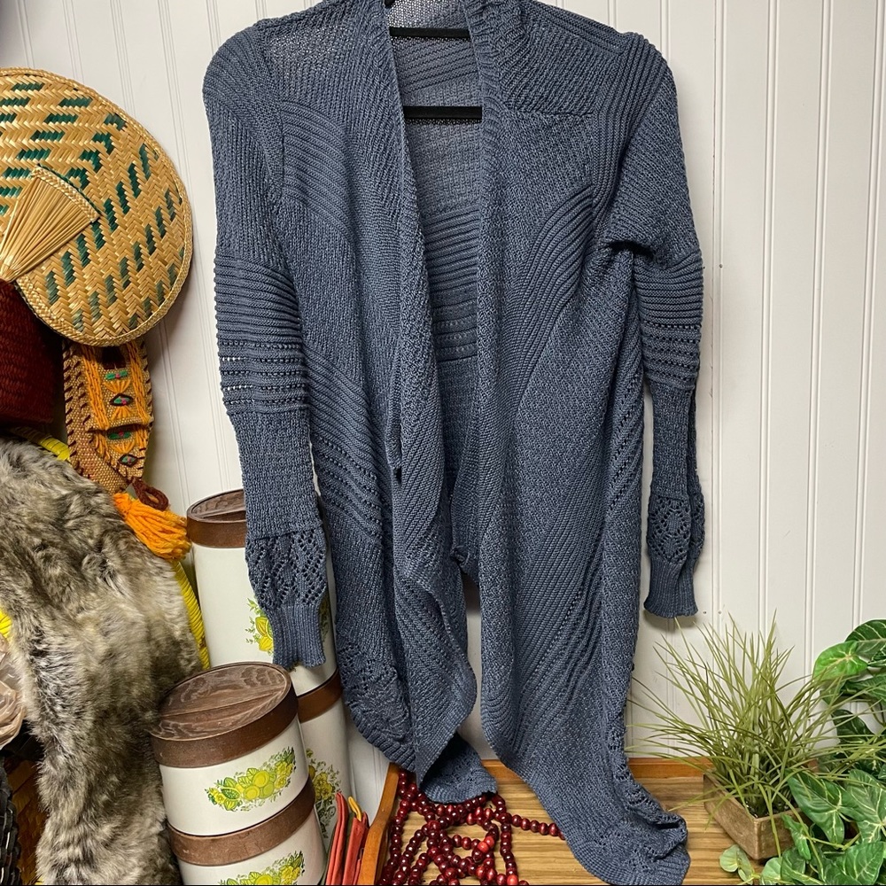 Pink Rose Open Front Cardigan Open Weave Blue Size Small